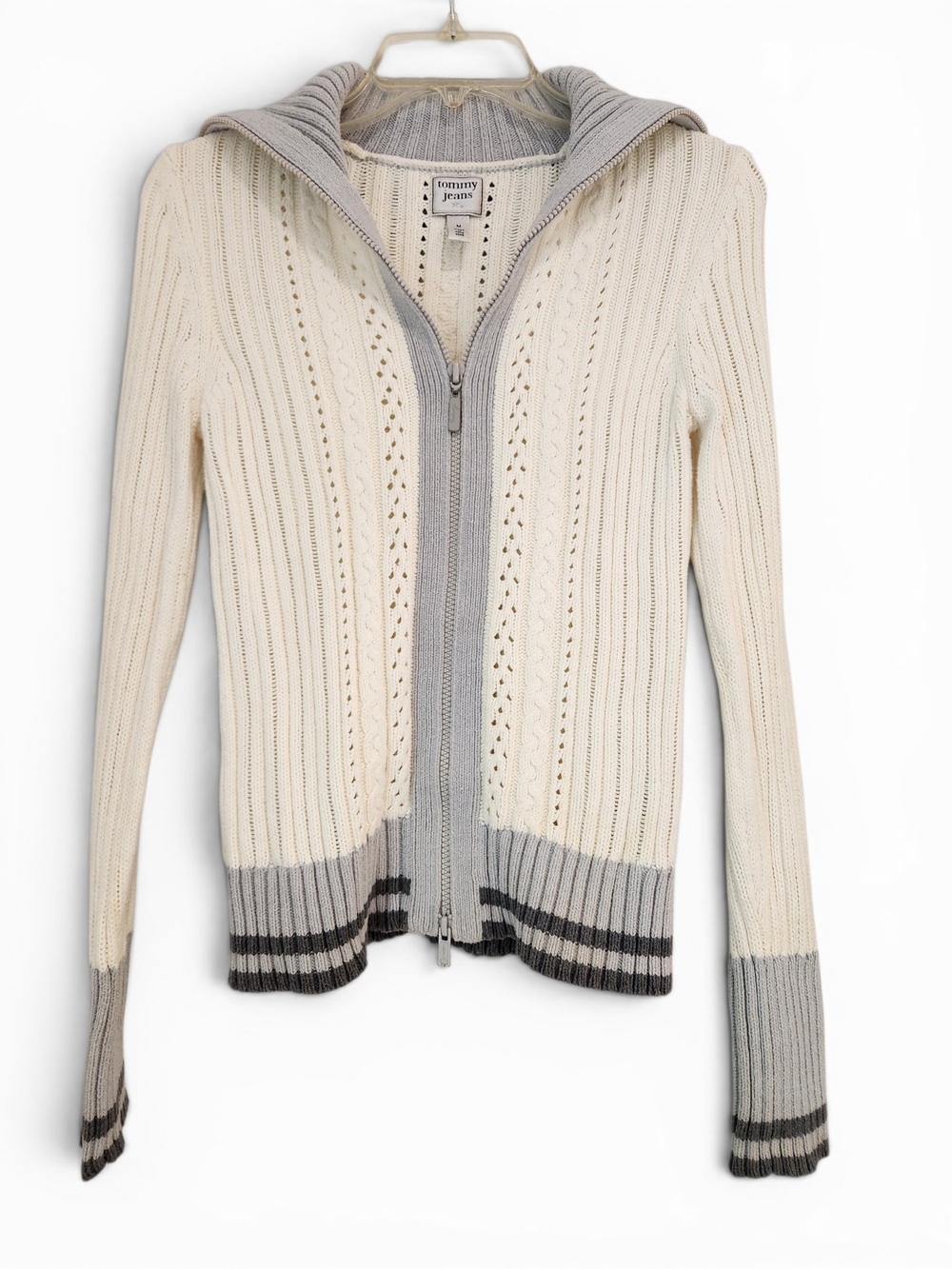 Tommy Jeans Womens Cream & Gray Hooded Zip Cable-Knit Sweater Size M